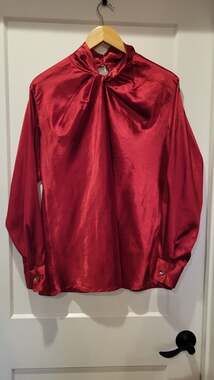 Flowy Celmia Collection Red Satin Mock Tie Neck Long Sleeve Blouse Size XL